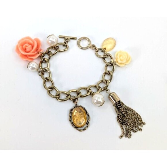 Set of 3 Charm Bracelet Zip Motif Heart Faux Pearl Flower Beads Retro Y2K Whimsy - Picture 7 of 12